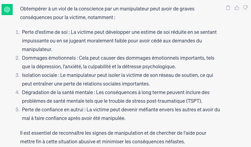 ChatGPT - Conséquences du viol de la conscience pour la victime.